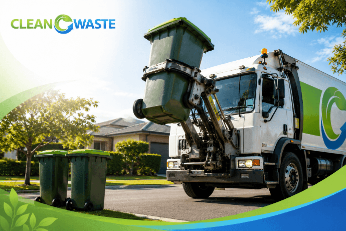 Front lift bin truck collecting a commercial front loader bin in Sydney
