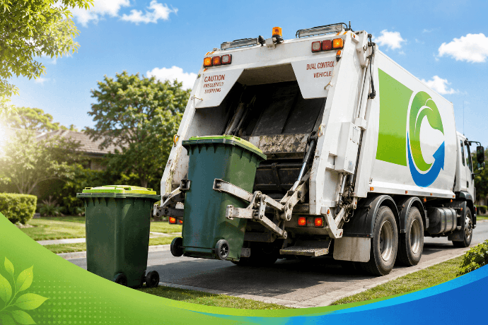 Rear lift waste truck collecting mobile garbage bins at a Sydney business